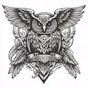 A symmetrical design combining a Spartan sword and shield with owl wings in a striking blackwork style tattoo design idea