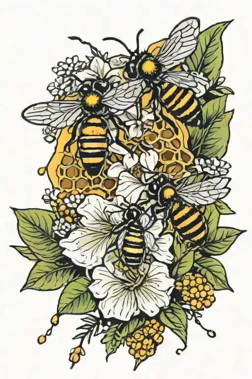 leaves and tropical flowers with honeycomb and bees tattoo design idea