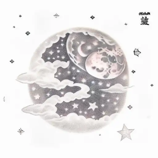 tattoo sleeve with the lyrics from get you to moon by kina. with clouds, stars and moons  tattoo design idea