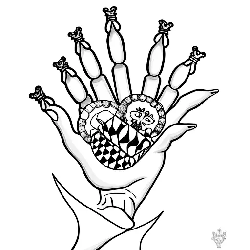 two hands both holding chess queen. one hand is a skeleton hand and the other one is a woman's hand tattoo design idea
