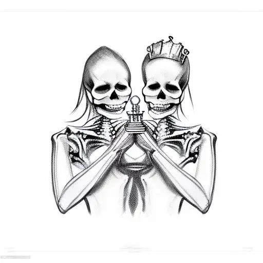 Only two hands. Both are holding two queens of chess. The right hand is a skeleton hand and the right one is the hand of tattoo design idea