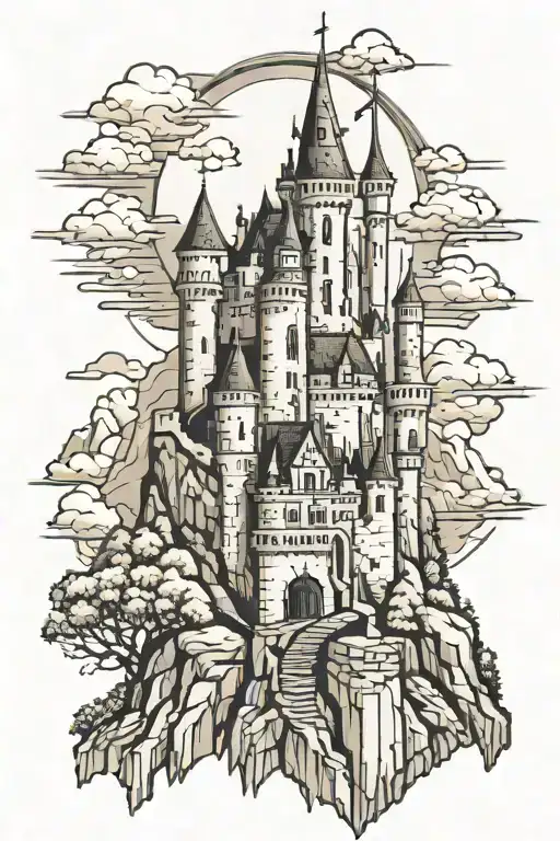 gothic style castle overlooking mountains tattoo design idea