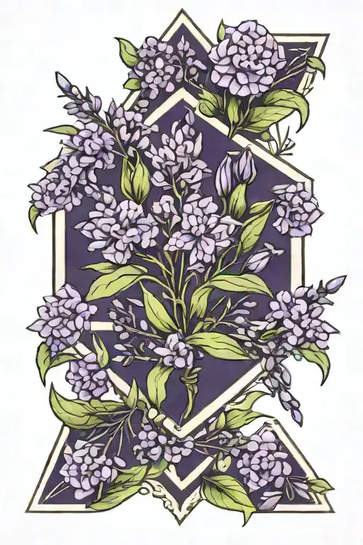 lavender stalks in a pentagonal frame tattoo design idea