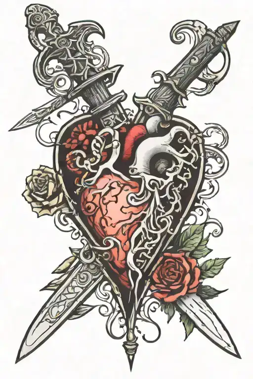 thin line. order and chaos. sword piercing through a heart and a brain.  tattoo design idea