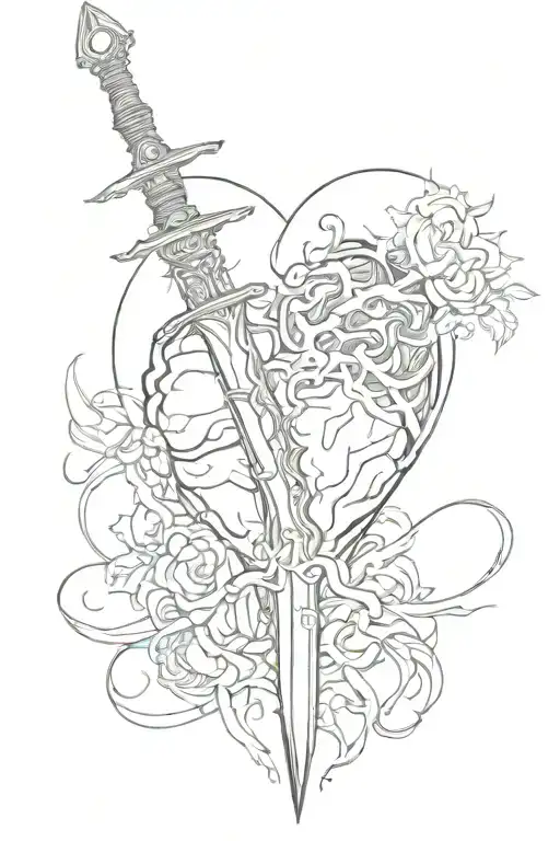 thin line. order and chaos. sword piercing through a heart and a brain.  tattoo design idea