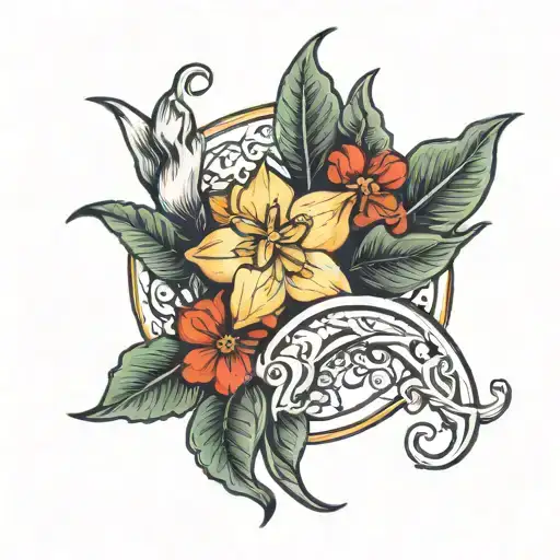 A traditional tattoo with a narcissus flower, crescent moon, and holly branches tattoo design idea