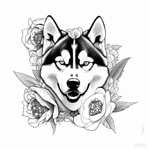 Husky with peonies and climbing roses tattoo design idea
