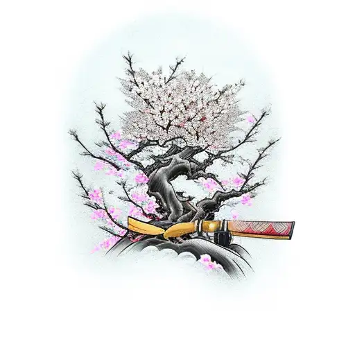 Katana with cherry blossom tree sprouting from the handle  tattoo design idea