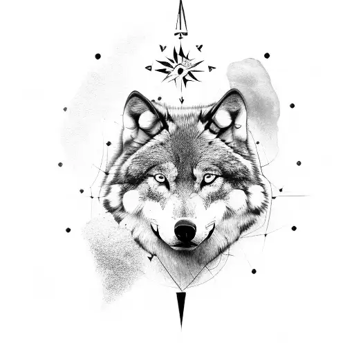 A detailed black and grey wolf surrounded by compass symbols tattoo design idea