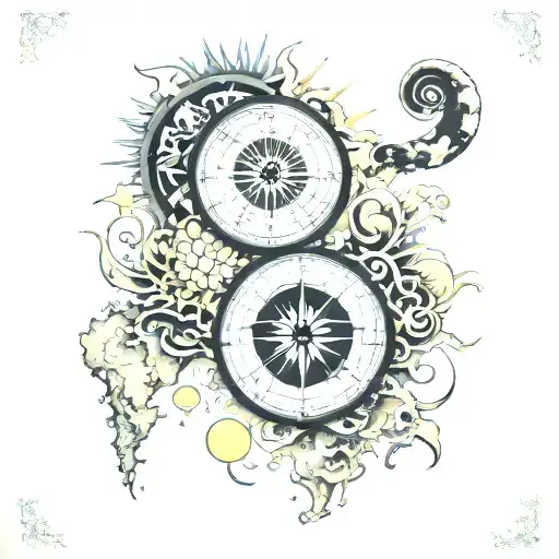 World map compass sun moon tattoo design idea