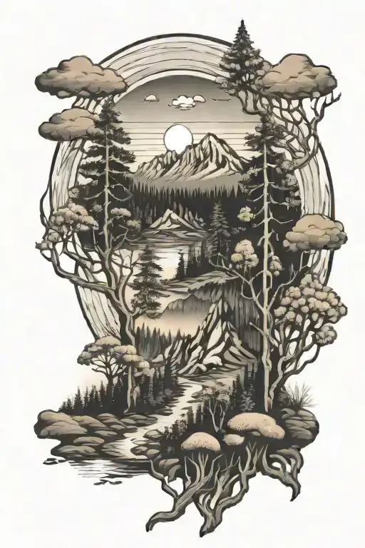 mountains, forest, sunset, trail, morel mushroom  tattoo design idea