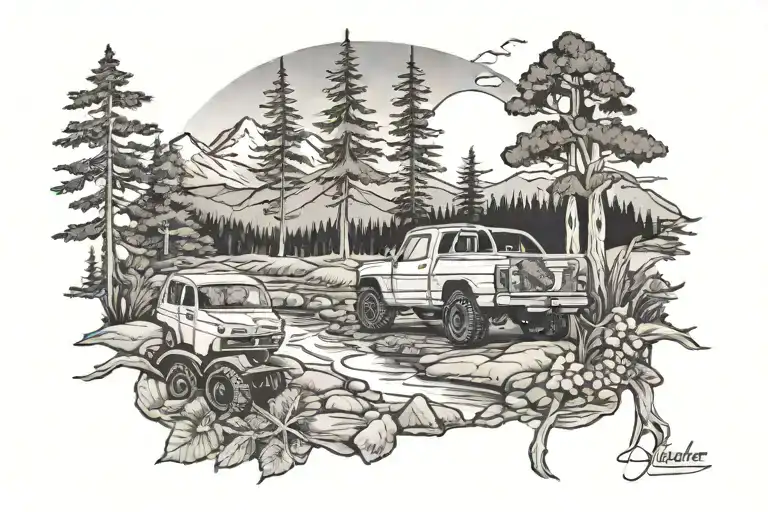 mountains, forest, sunset, trail, morel mushroom, creek, utility vehicle  tattoo design idea