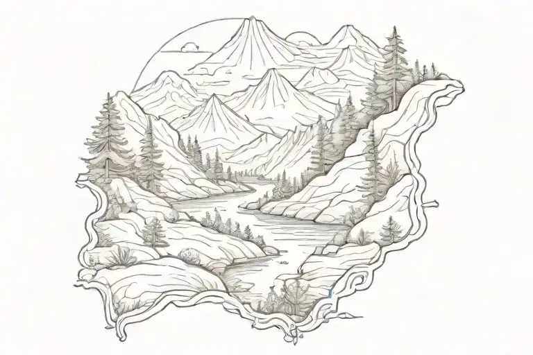 mountains, forest, sunset, trail, creek tattoo design idea