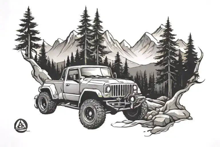 mountains, forest, sunset, trail, creek, utility vehicle  tattoo design idea