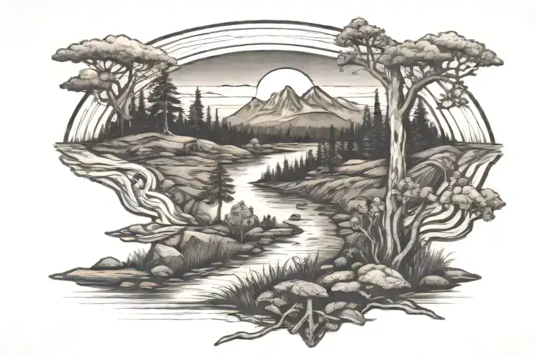 mountains, forest, sunset, trail, morel mushroom, creek  tattoo design idea