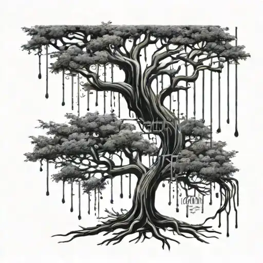 family tree intertwined rain drops dripping name Roan tattoo design idea