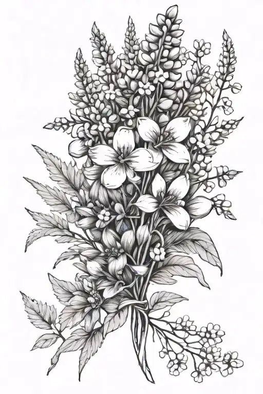 wildflower bouquet with lupine and forget-me-not flowers tattoo design idea