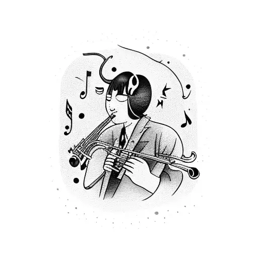 A jazz musician playing a saxophone with LMononoke character dancing around them tattoo design idea
