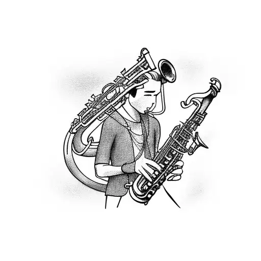 A jazz musician playing a saxophone with Ghibli characters dancing around them tattoo design idea