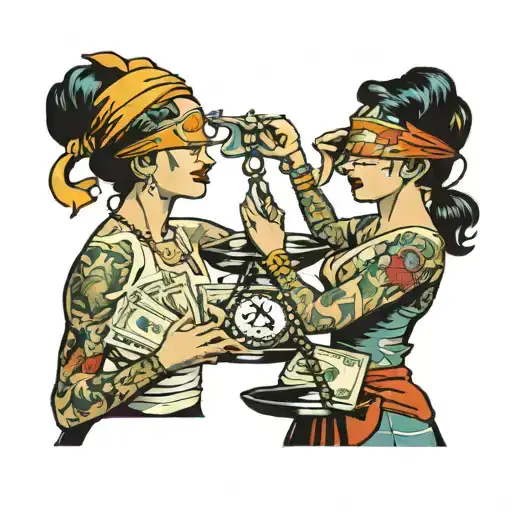 women blindfolded with money holding scales made tattoo design idea