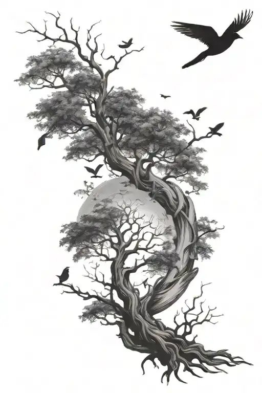 poison tree with no leaf's and birds flying away tattoo design idea