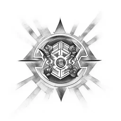 A blackwork tattoo of a camera lens with dota 2 symbols incorporated tattoo design idea