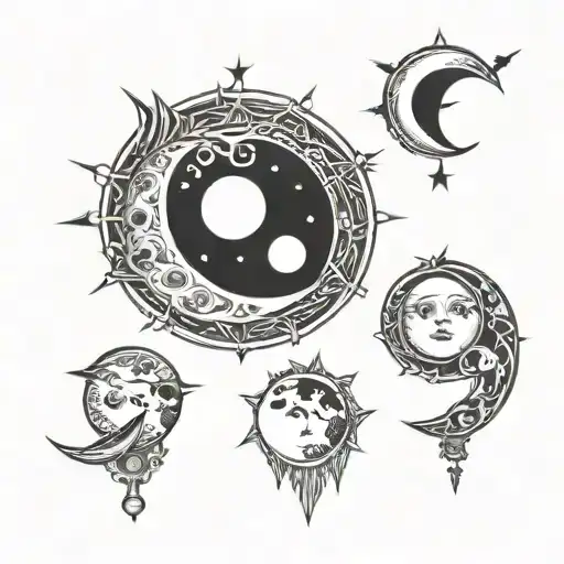Three moons, the far left a 12% waxing crescent, middle a full moon, and far right 12% waning crescent. tattoo design idea
