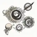 Three moons, the far left a 12% waxing crescent, middle a full moon, and far right 12% waning crescent. tattoo design idea