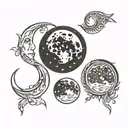 Three moons, the far left a 12% waxing crescent, middle a full moon, and far right 12% waning crescent. tattoo design idea