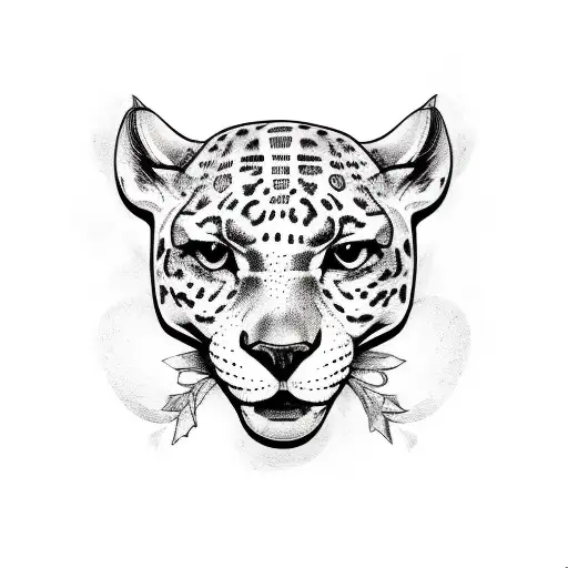A sketch-style tattoo of a jaguar's head emerging from a bed of wild leaves tattoo design idea