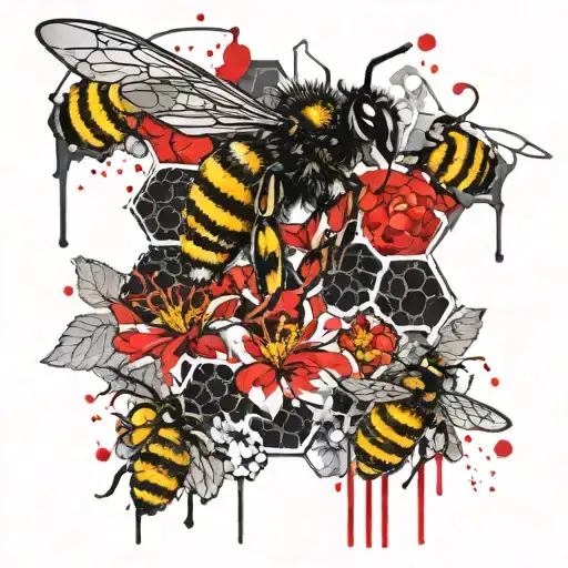 honeycomb pattern with bees and flowers  tattoo design idea