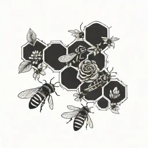 honeycomb pattern with bees and flowers  tattoo design idea