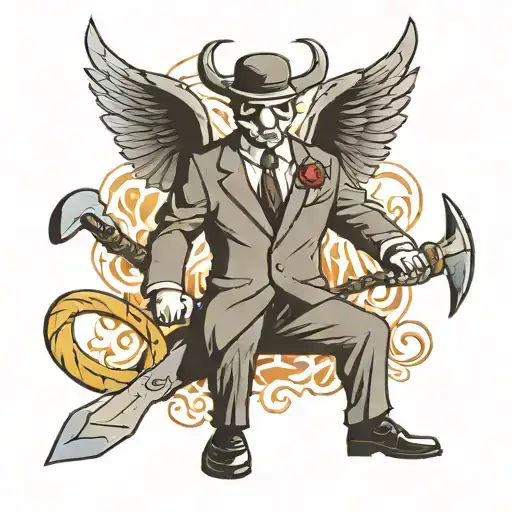 shadow with wings in a suit hokding a crossed sickle and hammer tattoo design idea