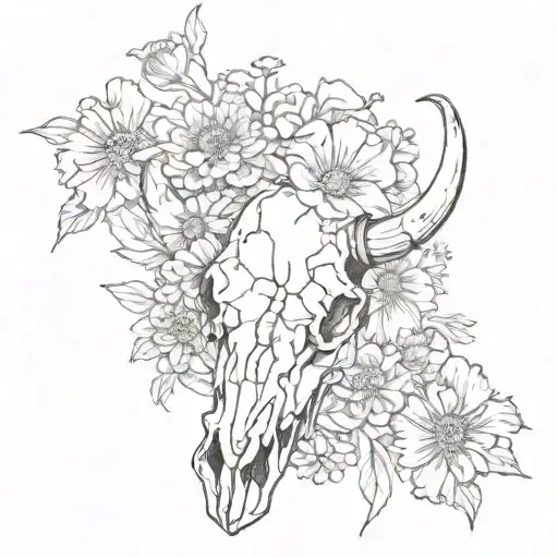 bull skull, with 2 carnations, a daisy, and a Cosmos flower  tattoo design idea