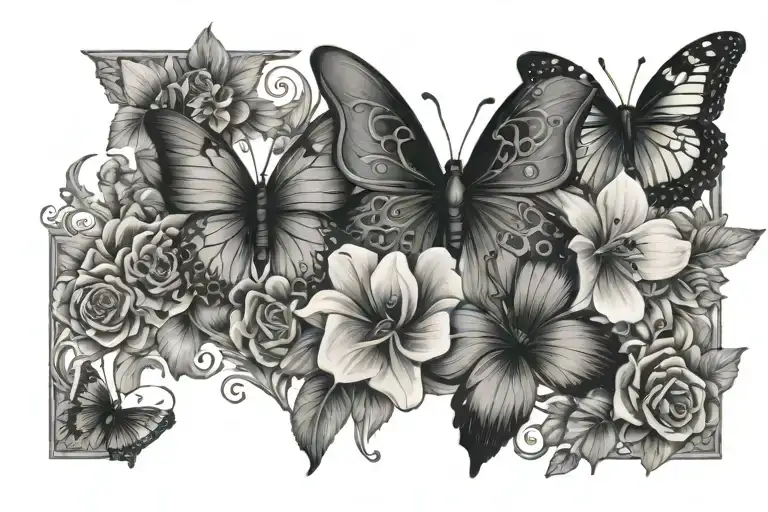 flowers and butterflies surrounding the name darius tattoo design idea