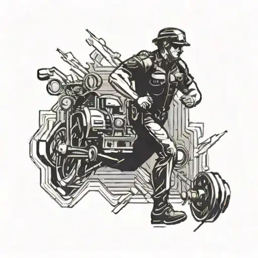 A silhouette of a police officer running, with weights in hand, symbolizing dedication to fitness and duty tattoo design idea