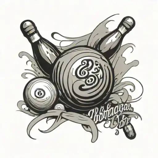 a bowling ball hitting pins and a cursive writing of Clinton green 1968-2023 simple tattoo design idea