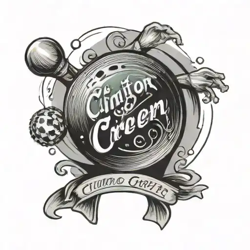 a bowling ball hitting pins and a cursive writing of Clinton green 1968-2023 tattoo design idea