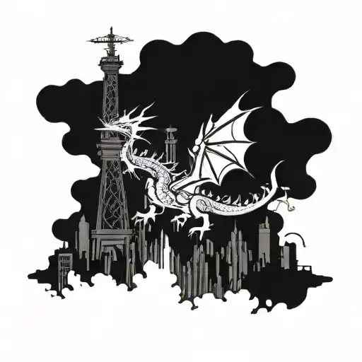 Design a tattoo of a dragon flying over a city skyline with a tower crane in the background tattoo design idea