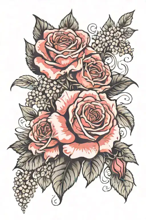 red rose, lavender, black dahlia, Lilly of the valley and larkspur tattoo design idea
