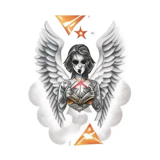 badass angel woman with four wings muse cloth draped on body tattoo design idea