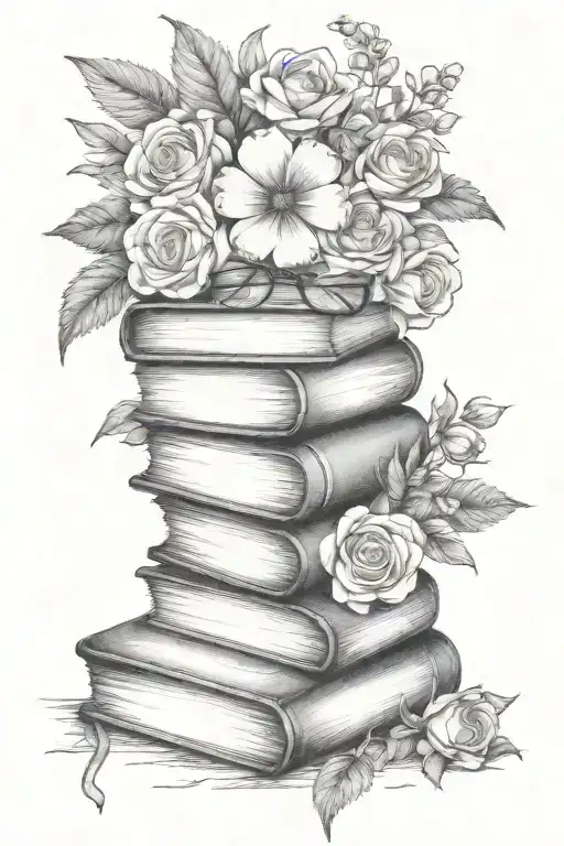 book stack with flowers surrounding and black rimmed glasses on top tattoo design idea