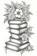 book stack with flowers surrounding and black rimmed glasses on top tattoo design idea