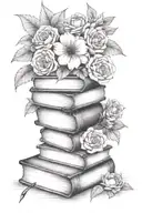 book stack with flowers surrounding and black rimmed glasses on top tattoo design idea