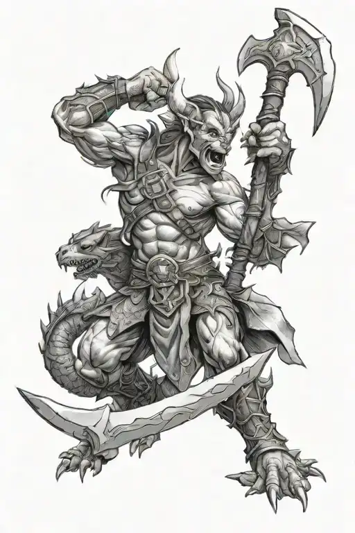 fantasy dragons, orc elves with an axe, maximum details with shadow tattoo design idea