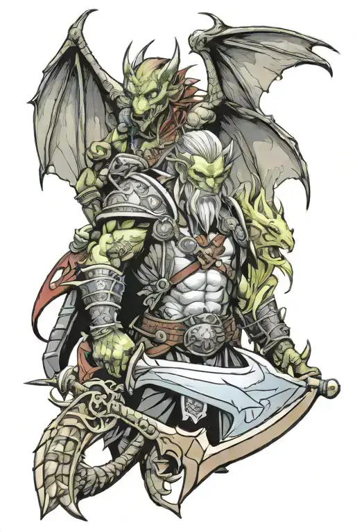 fantasy dragons, elves, orc with an axe, maximum details tattoo design idea