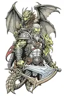 fantasy dragons, elves, orc with an axe, maximum details tattoo design idea