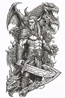 fantasy dragons, elves, orc with an axe, maximum details tattoo design idea