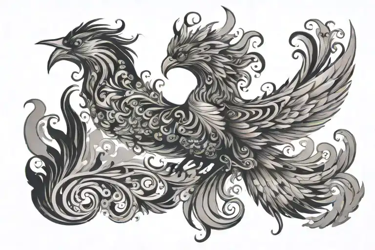 A delicate black and grey tattoo of a phoenix bird surrounded by swirling smoke and sparkles, giving it a mystical and feminine look tattoo design idea