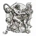 David and Goliath fighting on a cosmic battlefield with the creation of Adam by Michelangelo  tattoo design idea
